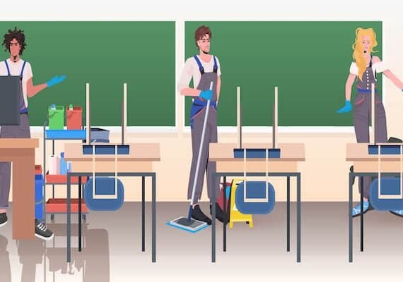 Illistration of three janitors cleaning a school